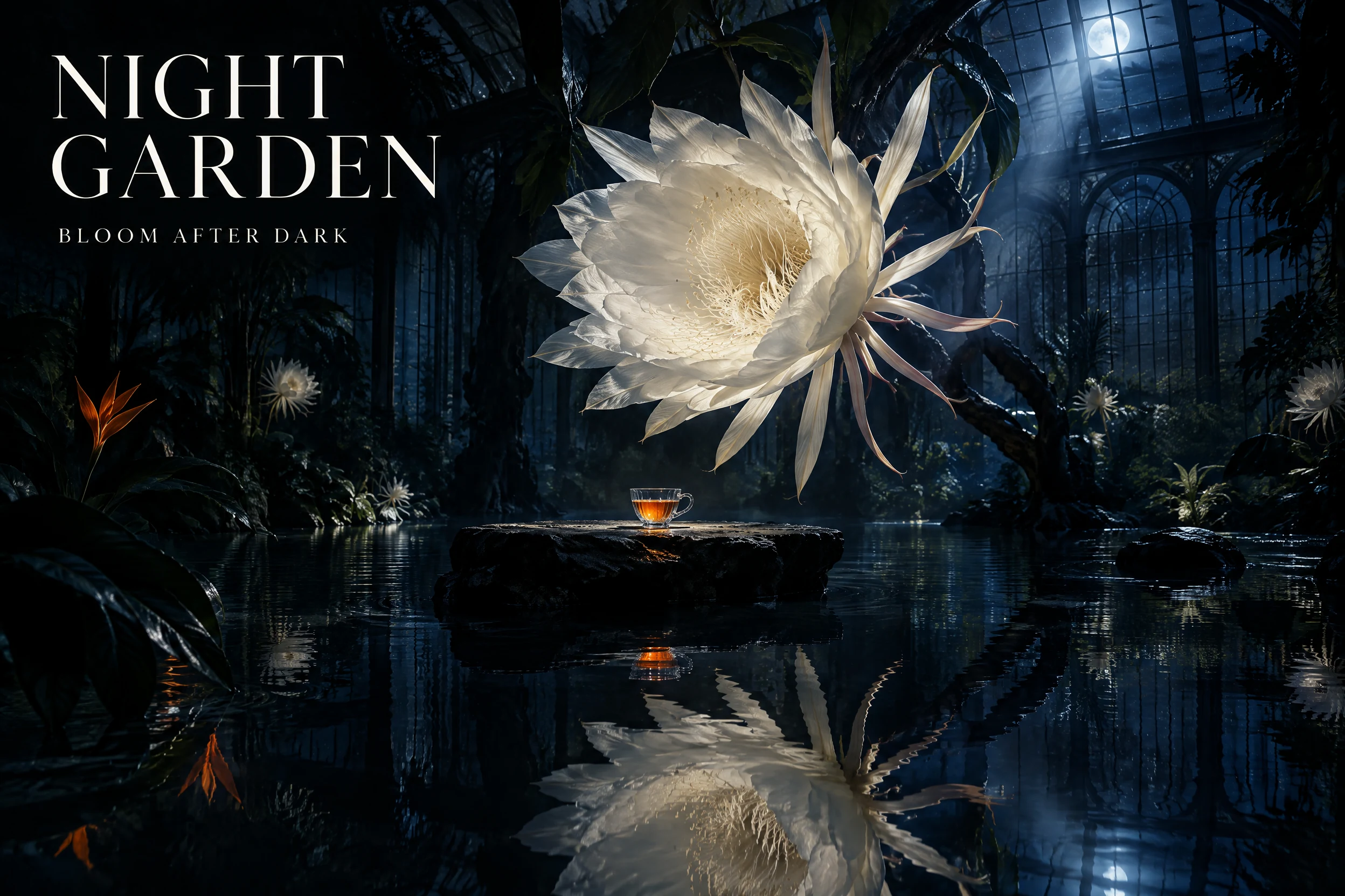 GPT Image 2.5 生成的 NIGHT GARDEN 夜景海报,展示清晰的英文标题与细节